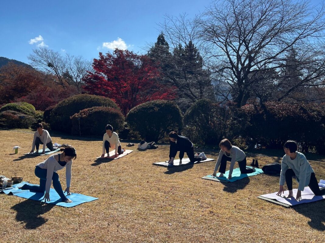 芝生の上でヨガレッスンを行う様子